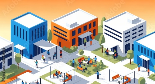 Modern urban business district illustration featuring contemporary office buildings outdoor cafe seating and city life scene with people walking in a vibrant environment