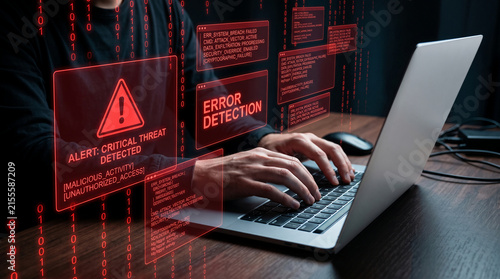 Digital alert with red binary code and error messages on screen, symbolizing cyber threat detection and system breach, indicating security issue