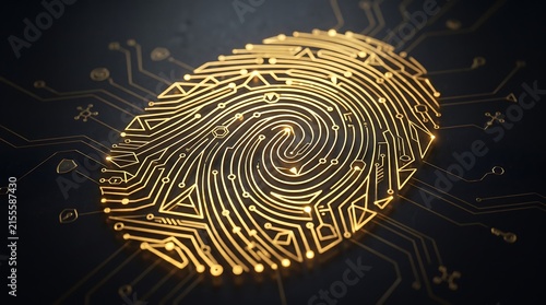 Futuristic glowing golden biometric fingerprint on a dark digital circuit board representing cybersecurity and data protection technology