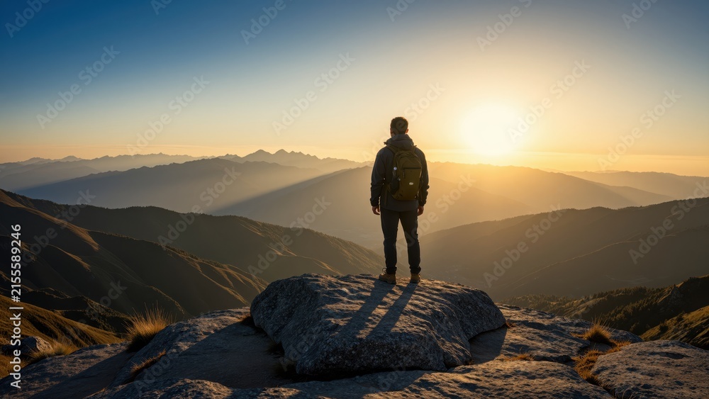 Fototapeta premium Silhouette of a person with a backpack standing on a large rock overlooking mountain ranges at sunrise, outdoor adventure, exploration, and nature scenery