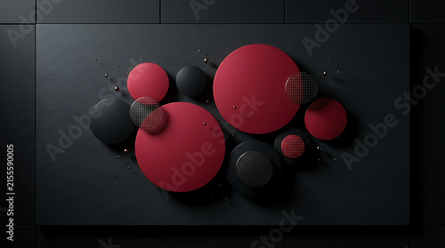 Abstract top view of layered red and black circular discs with dotted texture on dark surface