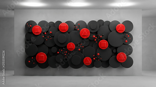 Large contemporary wall art installation featuring layered red and black geometric circles, interior