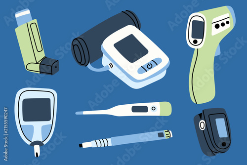 Medical devices and health monitoring equipment set with inhaler, blood pressure monitor, thermometer, glucose meter and pulse oximeter. Flat vector illustration isolated on blue background.