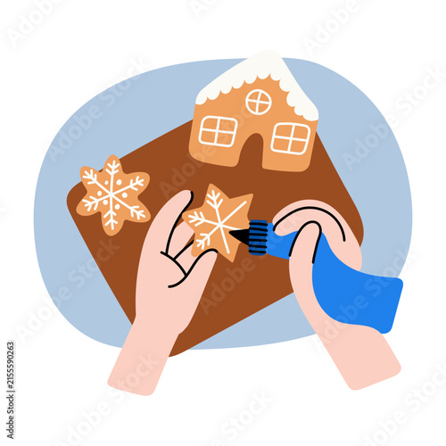 Hands decorating gingerbread cookies with colorful icing and festive details. Cozy Christmas baking scene with homemade holiday treats. Flat vector illustration isolated on white background.