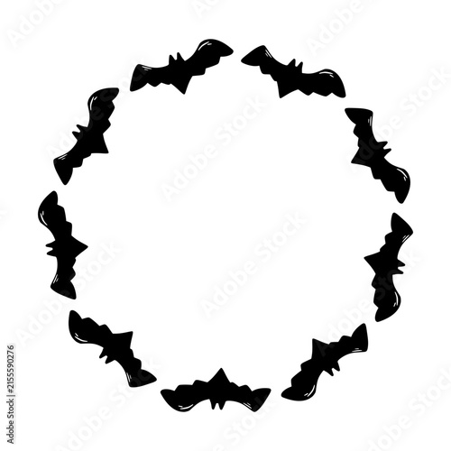 Halloween wreath made of flying black bats arranged in a circular frame. Spooky gothic seasonal decoration for Halloween invitations, posters, cards, stickers, party decor and packaging.