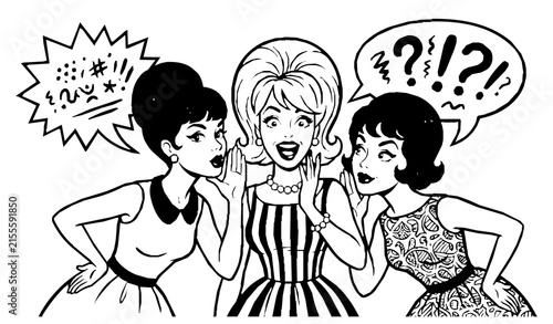 Funny vintage women gossiping and whispering secrets retro pop art comic cartoon vector set