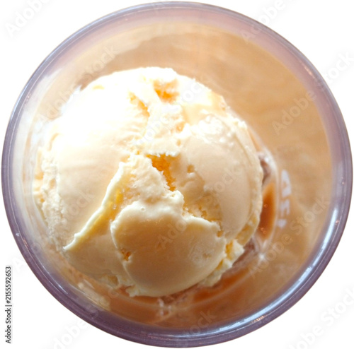 vanilla ice cream scoop in clear plastic cup isolated on transparent background