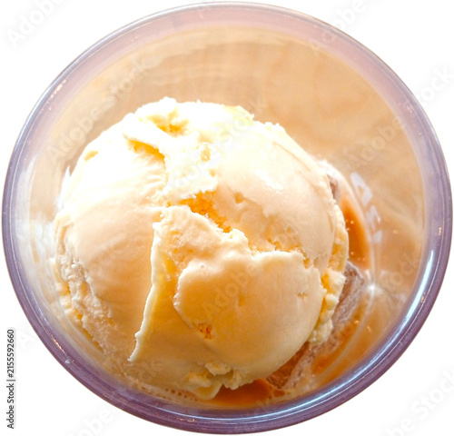 vanilla ice cream scoop in clear plastic cup isolated on transparent background