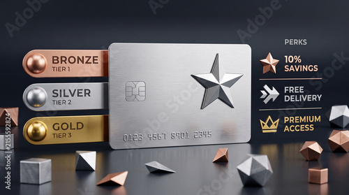 Metallic tiers showcasing bronze, silver, and gold levels with a star emblem credit card, symbolizing rewards and premium benefits
