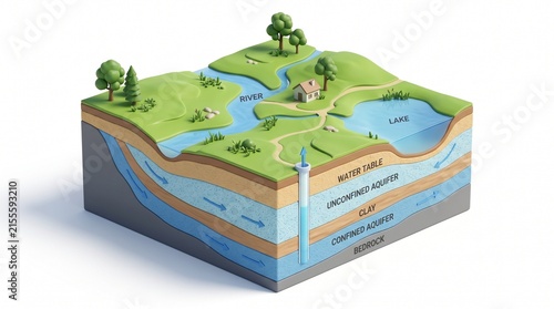 3D Groundwater Aquifer Cross Section with Water Table, Well and Underground Water Flow, Hydrology and Earth Science Illustration Water Table Educational Illustration