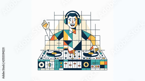 Colorful geometric pixel art DJ playing music