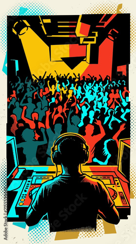 DJ playing music for dancing crowd at night club, bright stage lights