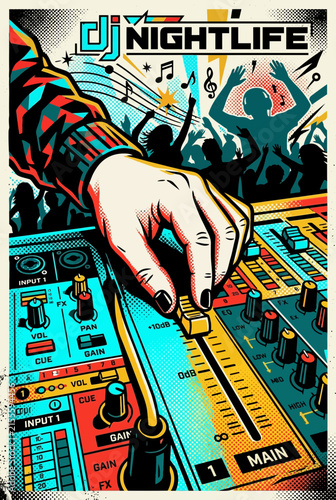 DJ playing music at nightclub with dancing crowd and sound mixer