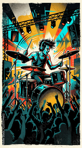 Drummer Performing Live on Stage with Energetic Crowd