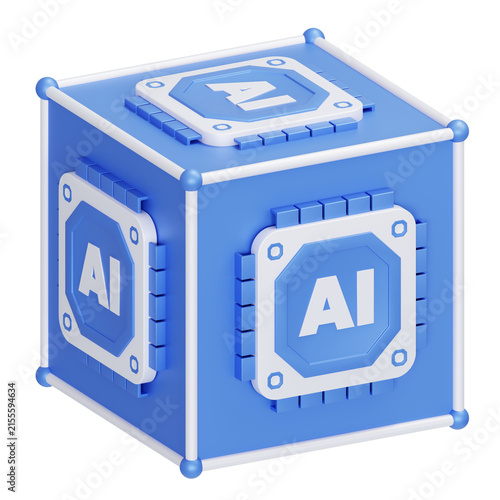 Blue AI processor chip cube icon 3D rendering for technology app design