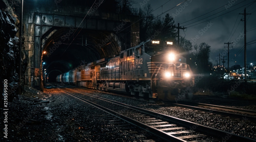 Fototapeta premium Powerful Freight Train Illuminated at Night on Tracks.