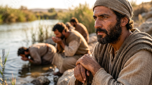 Gideon observing his men as they drink water from the river during God's test.