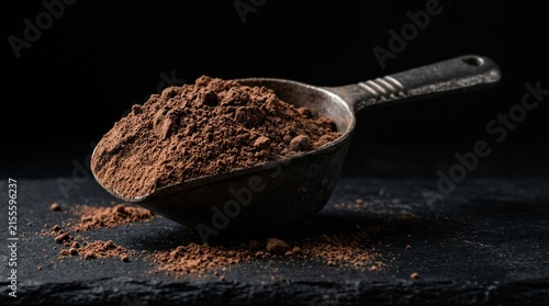Scoop of Rich Cocoa Powder on Dark Slate Surface.