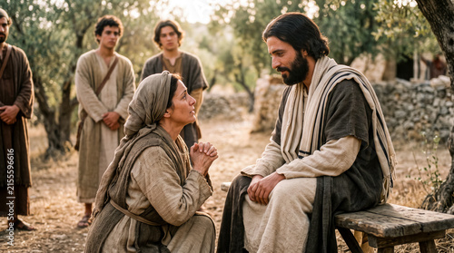 The mother of the sons of Zebedee kneels humbly before Jesus.