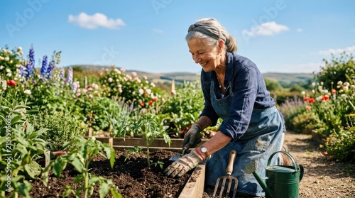 Smiling senior woman happily gardening in a vibrant flower garden on a sunny day.