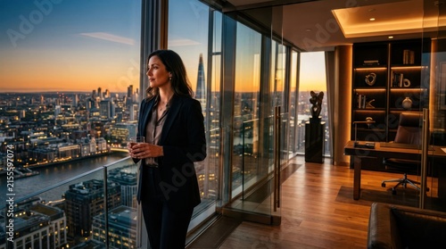 Successful businesswoman overlooking city skyline from luxury penthouse office at sunset.