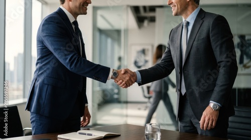 Two businessmen in suits shaking hands in a modern office setting.