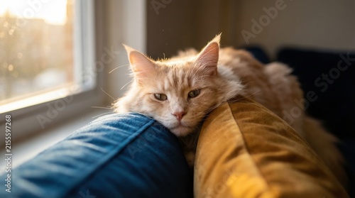 Obraz na plátne Fluffy cat relaxing on a two-tone couch with warm sunlight