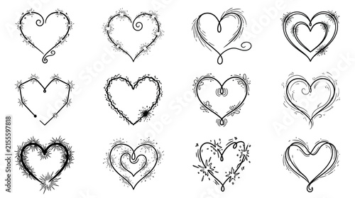 Collection of Decorative Hand Drawn Heart Sketch Icons with Sparkles and Swirls