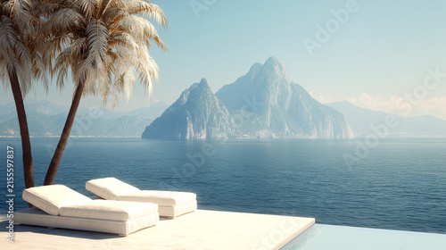 Luxury resort infinity pool with sunbeds and palm trees overlooking the ocean and mountain island, tropical summer vacation background