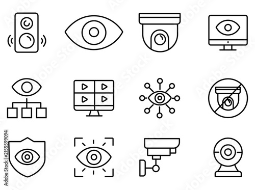 Security surveillance line icons, CCTV monitoring system symbols, 12 vector elements for home protection and digital privacy