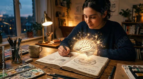 Young Woman Studying with Glowing Brain Illustration Emerging from Book.