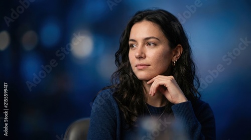 Young Woman with Dark Wavy Hair Looking Thoughtfully into the Distance.