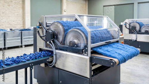 Textile recycling carding machine processing shredded blue cotton fabric into soft recycled fiber web. Industrial mechanical equipment operation in modern sustainable garment factory background