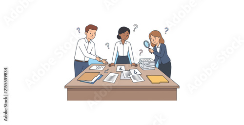 Business Team Reviewing Documents with Confusion Vector Illustration