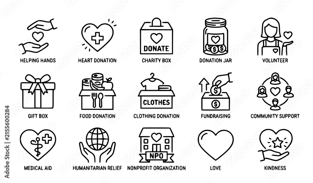Fototapeta premium Charity and donate thin line icon set with volunteer fundraising and community support vector illustration