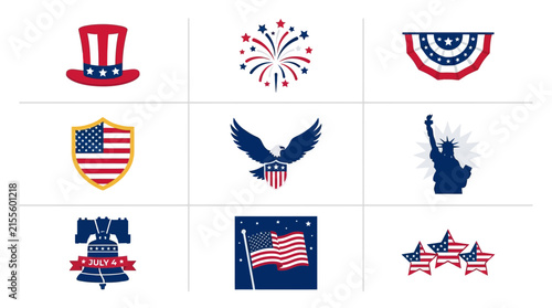 Set of American independence day patriotic flat graphic icons.