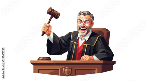 Enthusiastic male judge in robes holding wooden gavel.