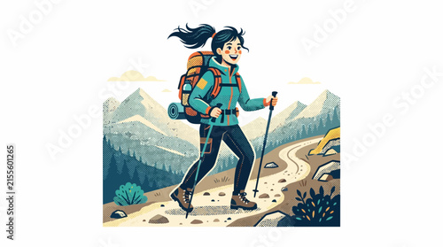 Young woman hiking mountain path with gear.