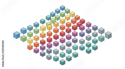 Gradient colored isometric cube grid on white background.