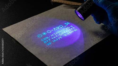 UV Black Light Revealing Glowing Secret Coded Symbols and Cipher Text on Paper During Forensics Investigation
