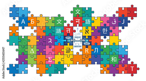 Multilingual jigsaw puzzle with global language characters, colorful puzzle pieces representing translation and communication