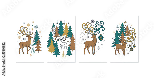 Christmas Reindeer and Pine Tree Vector Illustration Set