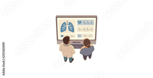 Doctor and Patient Examining Lung Scan on Medical Monitor Vector Illustration