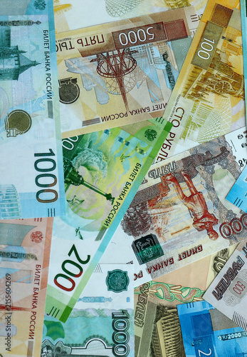 Bild auf Leinwand Russian ruble money banknotes pile on table