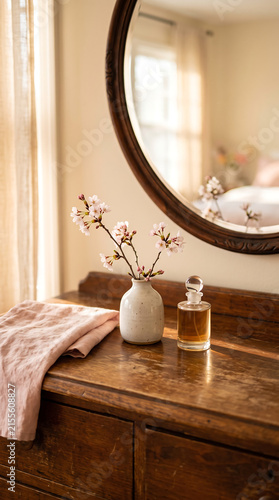 Spring bedroom detail, wooden dresser with botanical styling, warm morning gold light, mirror reflection partially visible, gentle wear on wood