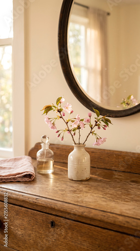Vintage dresser surface with cherry blossom vase, plain perfume bottle, pink linen, oval mirror above reflecting soft room, spring morning light