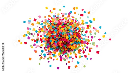 Vibrant Multicolored Confetti Scattered on Clean White Background, Colorful Celebration Pattern with Red Orange Yellow Blue Green and Purple Party Pieces