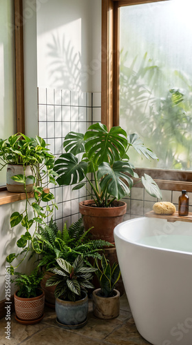 White bathtub edge with tropical plant collection, pothos and monstera on floor, botanical shadows on white wall, summer morning steam haze
