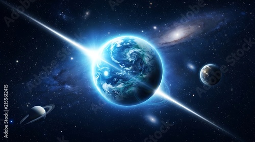 Earth-Like Planet in Deep Space with Galaxies, Stars and Ringed Planet