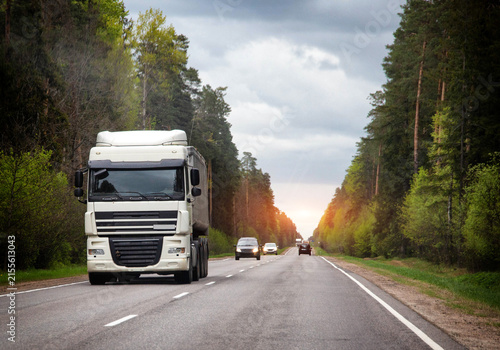 Big white freight truck with trailer on asphalt road through dense forest, commercial logistics and long-distance cargo delivery